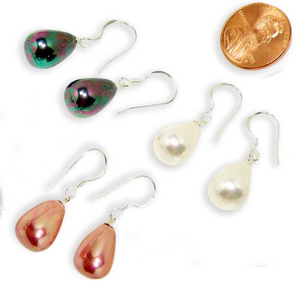 Peacock Black, White and Mauve 13x16mm or 10x14mm Drop Shaped Southsea Shell 925 Sterling Silver Pearl Earrings