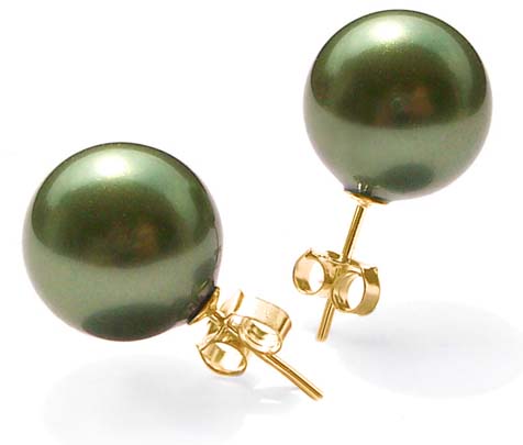 Peacock Green 10mm or 12mm Southsea Shell Pearl Stud Earrings in 14k YG