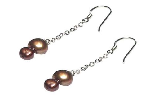 Chocolate Baroque Pearl Earrings Dangling in Sterling Silver