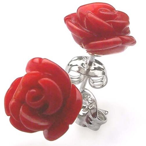 Red Rose Shaped Coral Earrings in 925 Sterling Silver