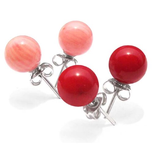 Pink and Red 8-9mm Round Coral Silver Stud Earrings