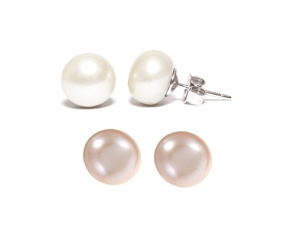 Freshwater White and Pink Button Pearl Stud Earrings 925S Silver