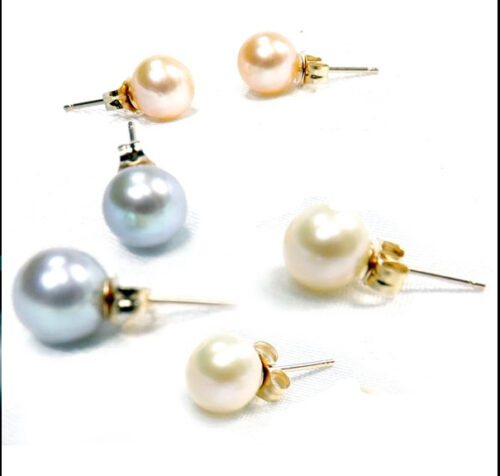 6.5-7mm AAA White, Grey and Pink Round Pearl Earrings 14kY Gold