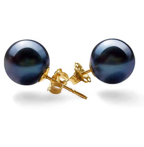 14k Yellow Gold Black Round Real Pearl Earrings