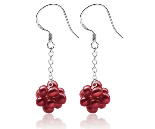 Cranberry Dangling Clustered Pearl Earrings, 925 Silver