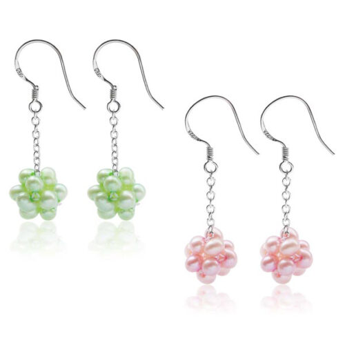 925 Silver dangling pink or green pearl snow ball earrings