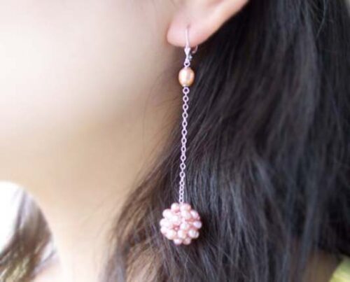 Pink/Mauve Long Dangling Leverback Earrings in Snowball Design, 925 Sterling Silver