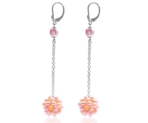 Mauve/Pink Long Dangling Leverback Earrings in Snowball Design, 925 Sterling Silver