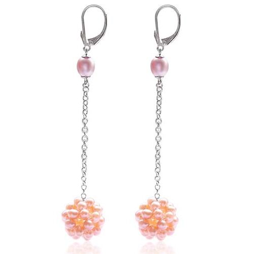 Mauve/Pink Long Dangling Leverback Earrings in Snowball Design, 925 Sterling Silver