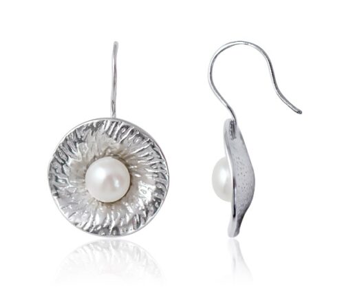 White 7-8mm Button Pearl Earrings,18k WG Overlay