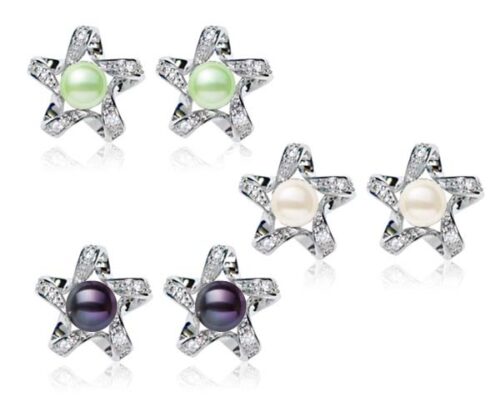 Light Green, White and Black Star Shaped Button Pearl Stud Earrings,18K WG Overlay