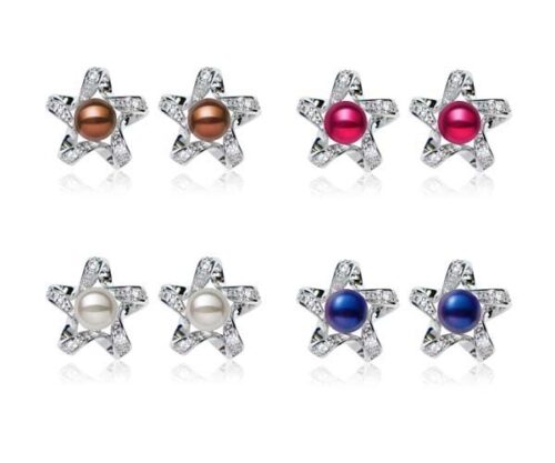 Chocolate, Cranberry, Grey and Navy Blue Star Shaped Button Pearl Stud Earrings,18K WG Overlay