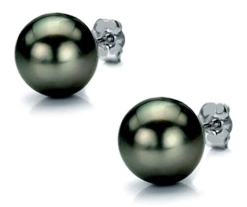 Tahitian Black Round Pearl Studs Earrings 14K Gold