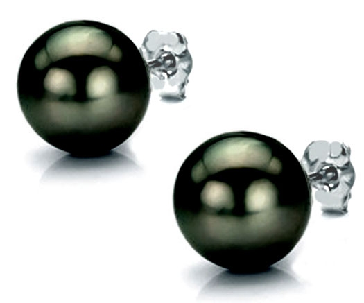 11-11.5mm AAA Tahitian Greenish Pearl Studs Earrings 14K White Gold