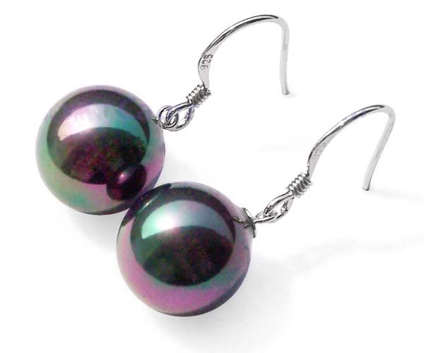 Black 12mm Southsea Shell Pearls Dangling Silver Earrings