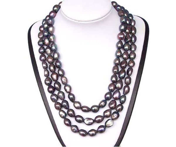 Versatile 10-11mm Black Baroque Pearl Necklace with a Silver Clasp 59inches