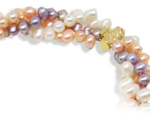 Multi-Color 3-row Pearl Necklace and Bracelet Set 14k Solid Gold