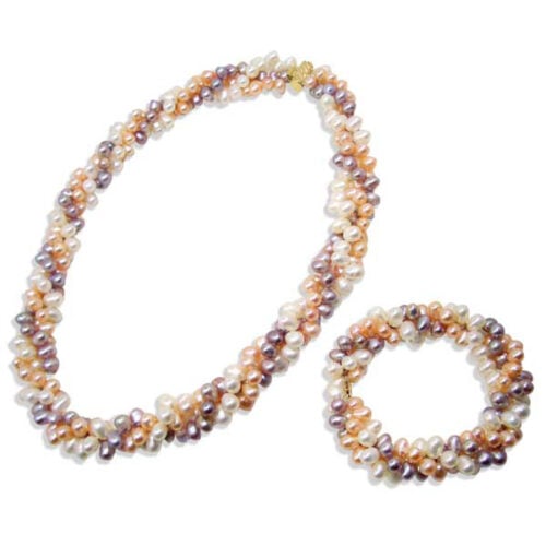 Multi-Color 3-row Pearl Necklace and Bracelet Set 14k Solid Gold