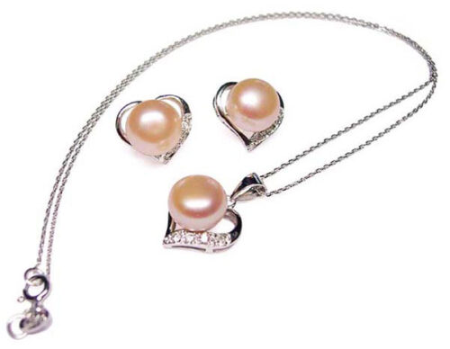 9.5-10mm AAA Genuine Pink Pearl Necklace and Earring Set