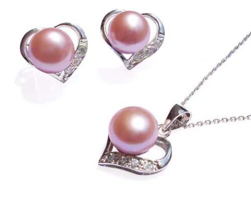 9.5-10mm AAA Genuine Mauve Pearl Necklace and Earring Set