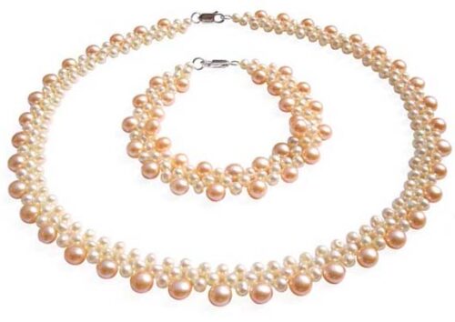 White and Pink Pearl Necklace and Bracelet Set