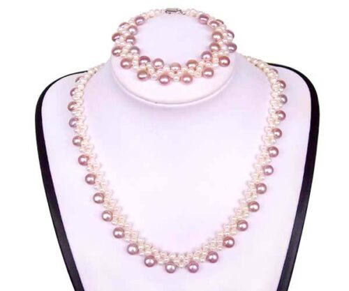 White and Mauve Pearl Necklace and Bracelet Set