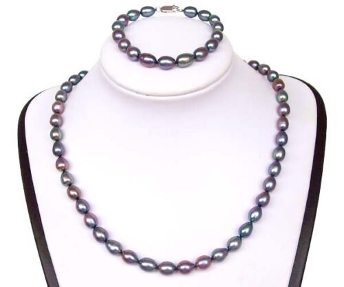 7-8mm AA+ High Quality Black Pearl Necklace and Bracelet Set