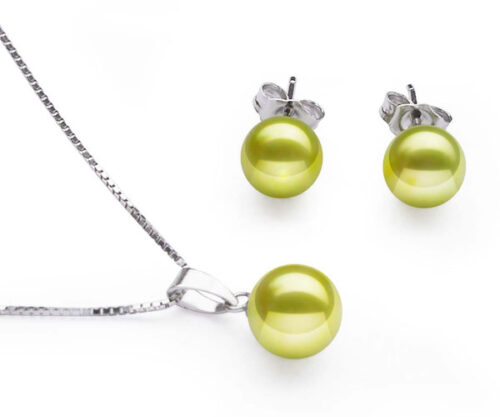 7-7.5mm AAA Spring Green Pearl Necklace and Earring Set