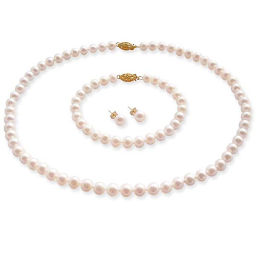 6-7mm Round Pearl Necklace Bracelet and Earrings Matching Set in 14k Gold