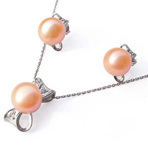 Sterling Silver AAA Pink Pearl Necklace and Earrings Set