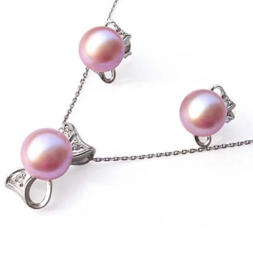 Sterling Silver AAA Mauve Pearl Necklace and Earrings Set