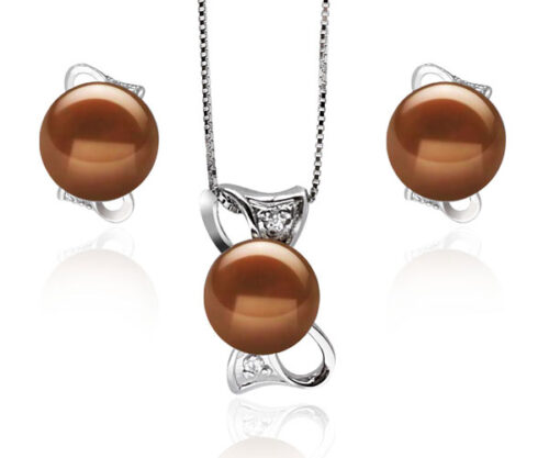 Sterling Silver AAA Chocolate Pearl Necklace and Earrings Set