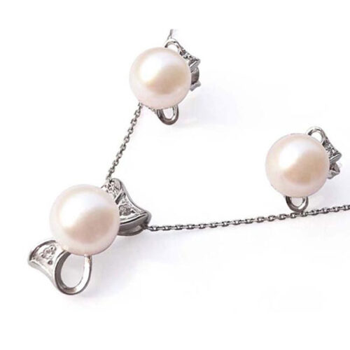 Sterling Silver AAA Pearl Necklace and Earrings Set Stamped 925