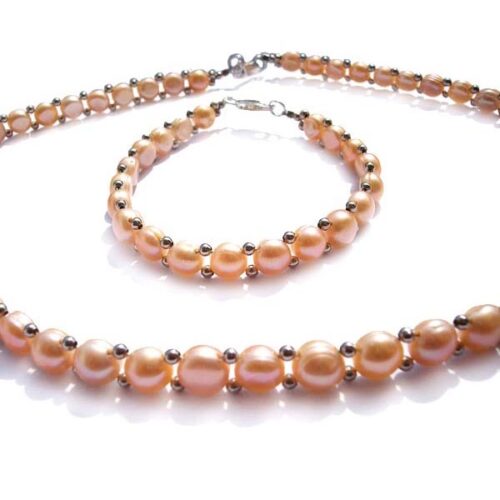 Pink Button Pearl Necklace and Bracelet Set