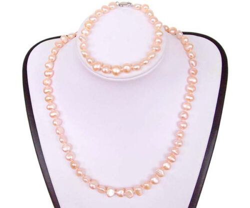 Pink Baroque Pearl Necklace, Bracelet and Earrings Set