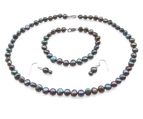 Black Baroque Pearl Necklace, Bracelet and Earrings Set