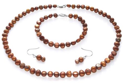 Chocolate Baroque Pearl Necklace, Bracelet and Earrings Set