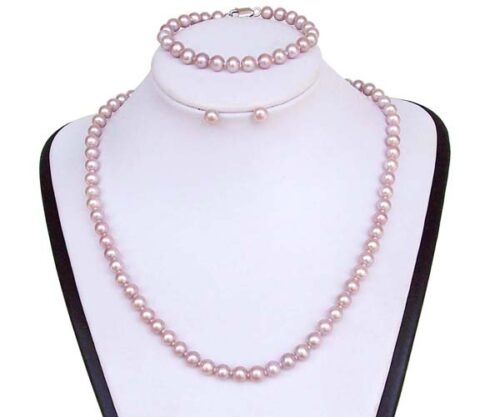 6-7mm Lavender Round Pearl Necklace, Bracelet and Earrings Set