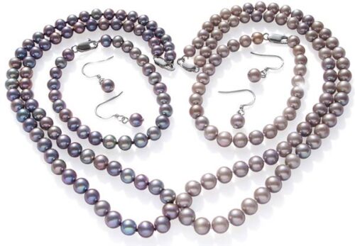 6-7mm Grey Round Pearl Necklace, Bracelet and Earrings Set