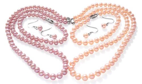 6-7mm Pink or Mauve Round Pearl Necklace, Bracelet and Earrings Set