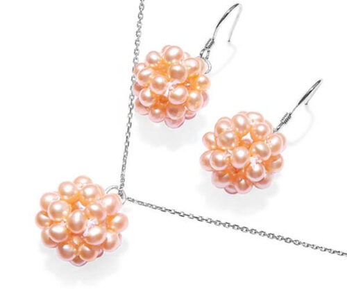 Pink Snowball Shaped Pearl Necklace and Earrings Set