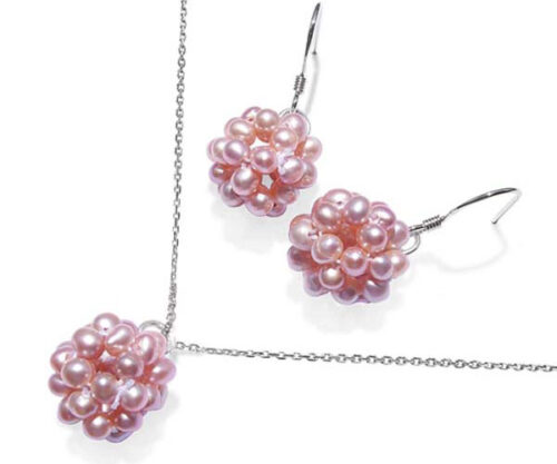 Mauve Snowball Shaped Pearl Necklace and Earrings Set