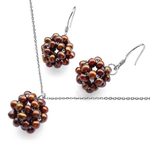 Chocolate Snowball Shaped Pearl Necklace and Earrings Set