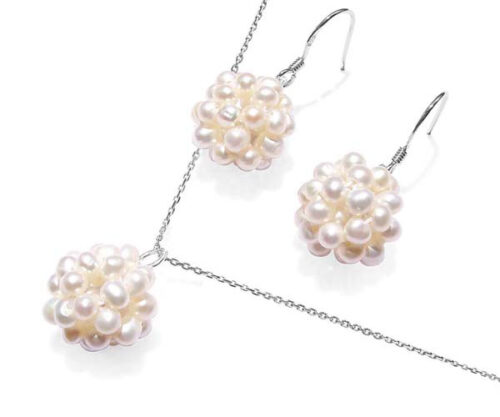 White Snowball Shaped Pearl Necklace and Earrings Set