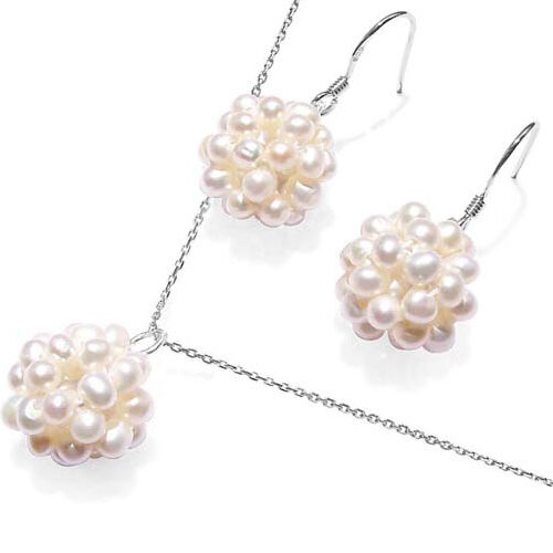 White Snowball Shaped Pearl Necklace and Earrings Set