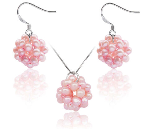 Baby Pink Snowball Shaped Pearl Necklace and Earrings Set