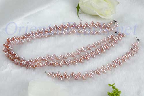 Double Strand 4.5-5mm Lavender Round Pearl Necklace and Bracelet Set