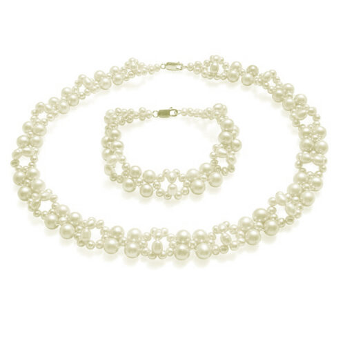 White Wedding Pearl Necklace and Bracelet Set in 925 Sterling Silver