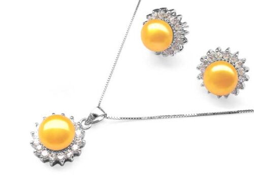9-10mm AAA Gold Pearl Necklace and Earrings Set