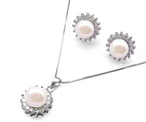 9-10mm AAA Genuine Pearl Necklace and Earrings Sterling Silver Set with Cz Diamonds